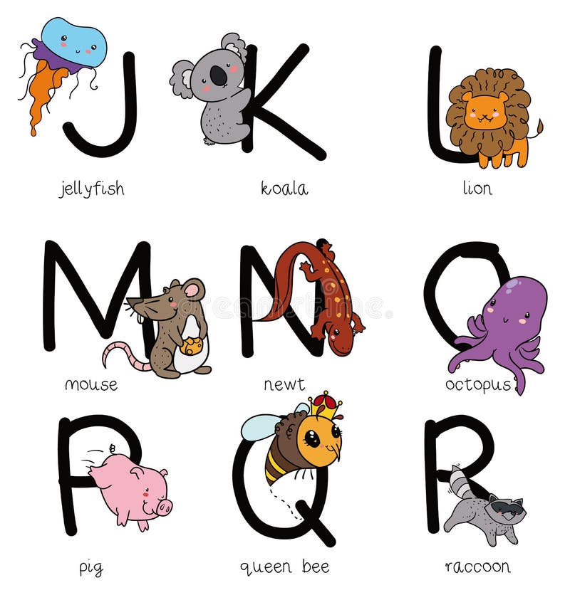 Alphabet Set with Cute Animals for Learning from J To R, Vector  Illustration Stock Vector - Illustration of flat, language: 216281646