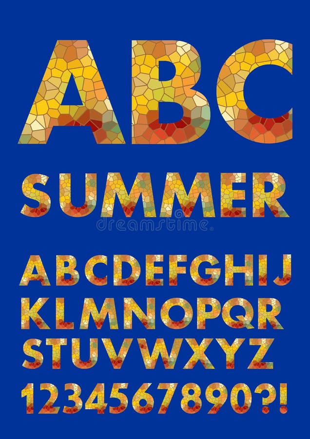 Alphabet in summer colors, mosaic texture design, polygonal fill, uppercase letters, numbers, question and exclamation stock illustration Alphabet in summer colors, mosaic texture design, polygonal fill, uppercase letters, numbers, question and exclamation stock illustration