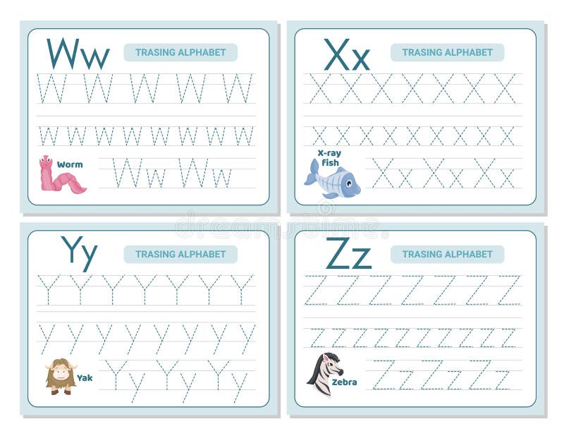 alphabet tracing practice letter w x y z tracing practice worksheet learning alphabet activity page stock vector illustration of worksheet uppercase 212788641