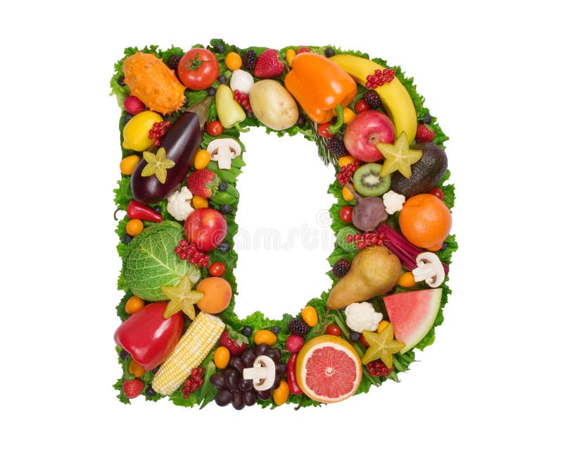 Letter made of fresh fruits and vegetables isolated on white. Letter made of fresh fruits and vegetables isolated on white.
