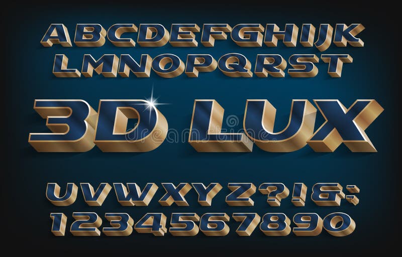 3D Lux alphabet font. Blue and golden letters and numbers. Stock vector typescript for your typography design. 3D Lux alphabet font. Blue and golden letters and numbers. Stock vector typescript for your typography design.