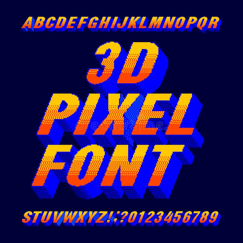 3d pixel alphabet font. Digital gradient letters and numbers. 80s arcade video game typescript. 3d pixel alphabet font. Digital gradient letters and numbers. 80s arcade video game typescript.