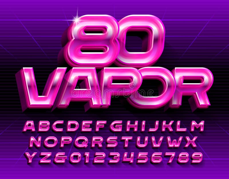 Vapor 80 alphabet font. Glowing 3D retro letters and numbers. Stock vector typescript in 80s style for your typography design. Vapor 80 alphabet font. Glowing 3D retro letters and numbers. Stock vector typescript in 80s style for your typography design.