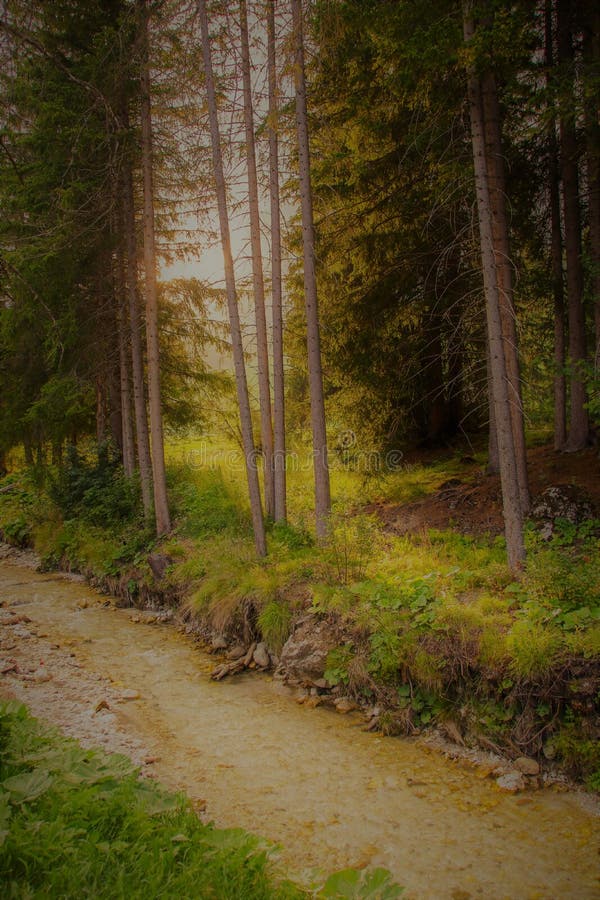 Alpin λίγος ποταμός σε Corvara σε Sud Τύρολο, Ιταλία