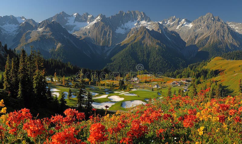 Scenic Mountain Golf Course in Bloom stock illustration