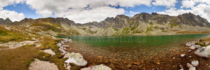 Panoramic photo of Velke Hincovo Pleso lake valley in Tatra Mountains, Slovakia, Europe