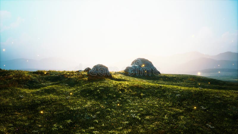 Alpine meadow with rocks and green grass vector illustration