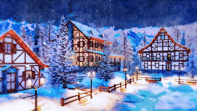 Alpine mountain village at winter night watercolor. Decorative winter landscape in watercolor - snow covered alpine mountain village with illuminated traditional stock images Alpine mountain village at winter night watercolor. Decorative winter landscape in watercolor - snow covered alpine mountain village with illuminated traditional stock images