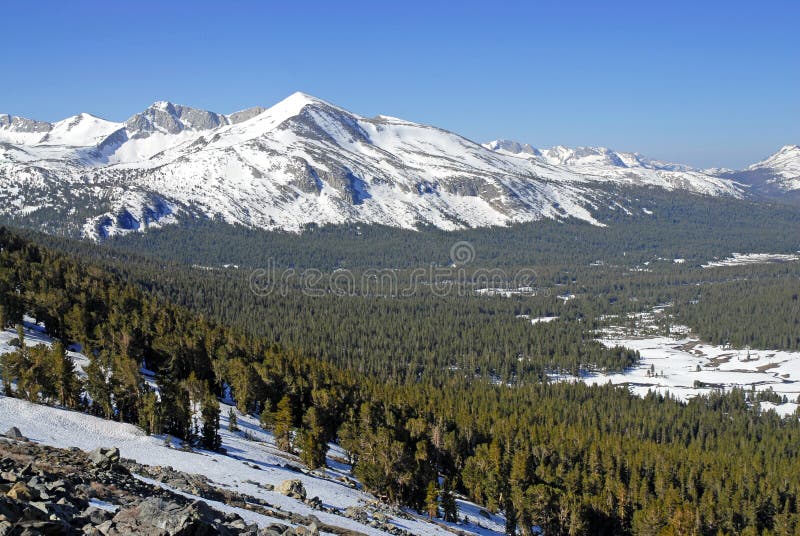 Alpine scene with snow capped mountains in Yosemite National Park