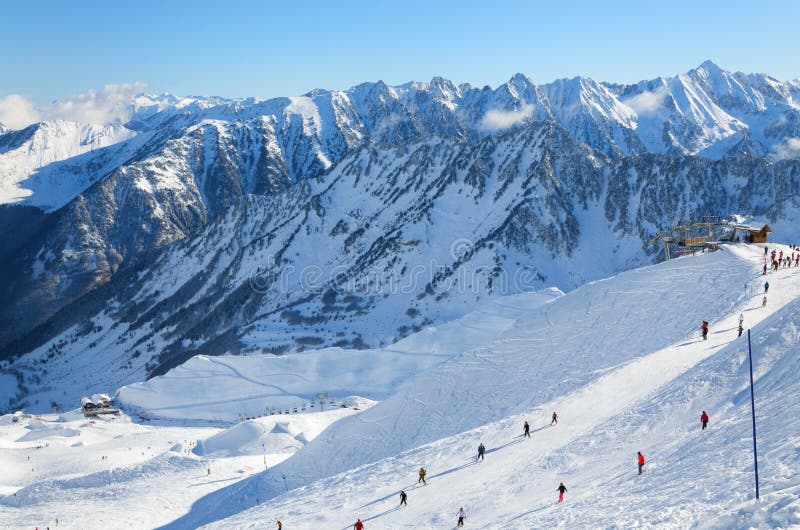 Alpine ski slope in winter Pyrenees.