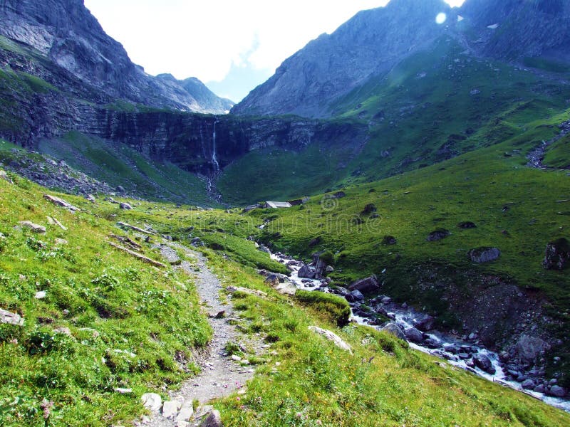 The Alpine Valley of Im Loch at the Glarus Alps mountain range