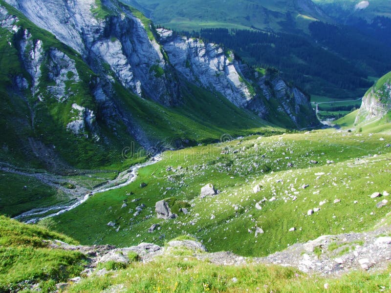 The Alpine Valley of Im Loch at the Glarus Alps mountain range