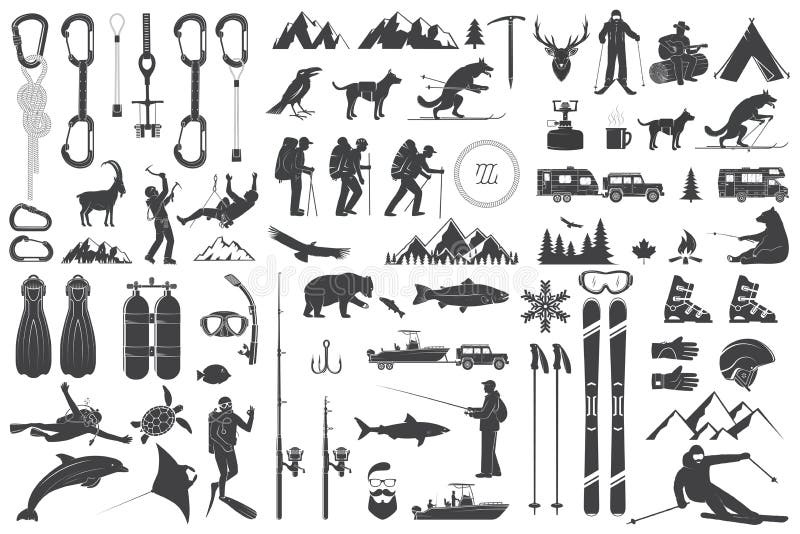 Alpinismo, facendo un'escursione, scalando, icone di avventura pescando, sciando ed altro illustrazione di stock Alpinismo, facendo un'escursione, scalando, icone di avventura pescando, sciando ed altro illustrazione di stock
