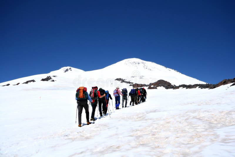 Alpinists at the Elbrus climbing in Caucasus.