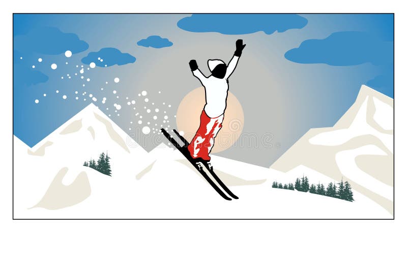 Alpint landskap, skidåkareflyg i sol och berg stock illustrationer Alpint landskap, skidåkareflyg i sol och berg stock illustrationer