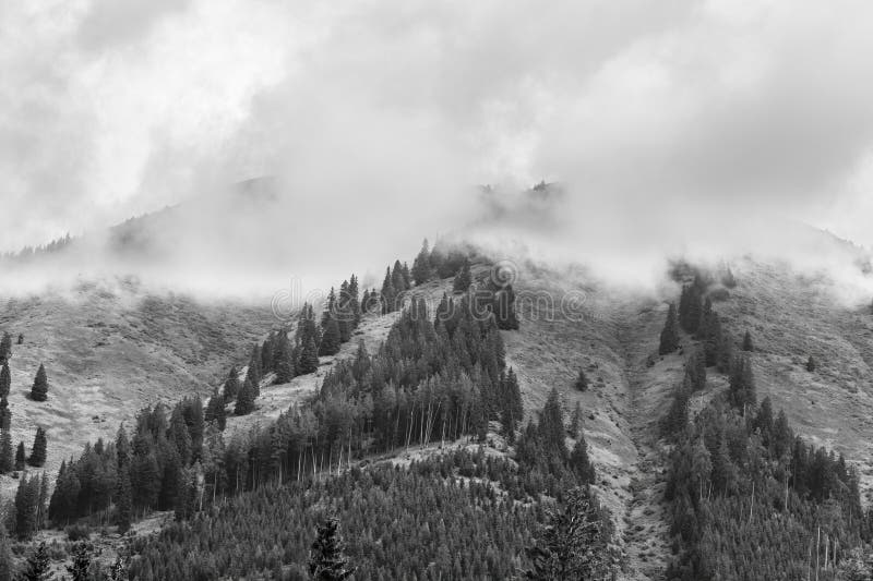 Alpy v oblacích, černá a bílá