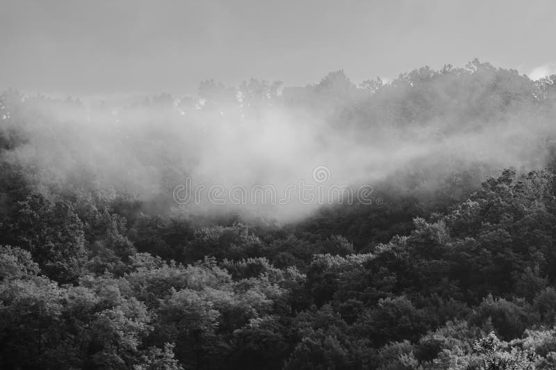 Alps mountains in clouds, black and white