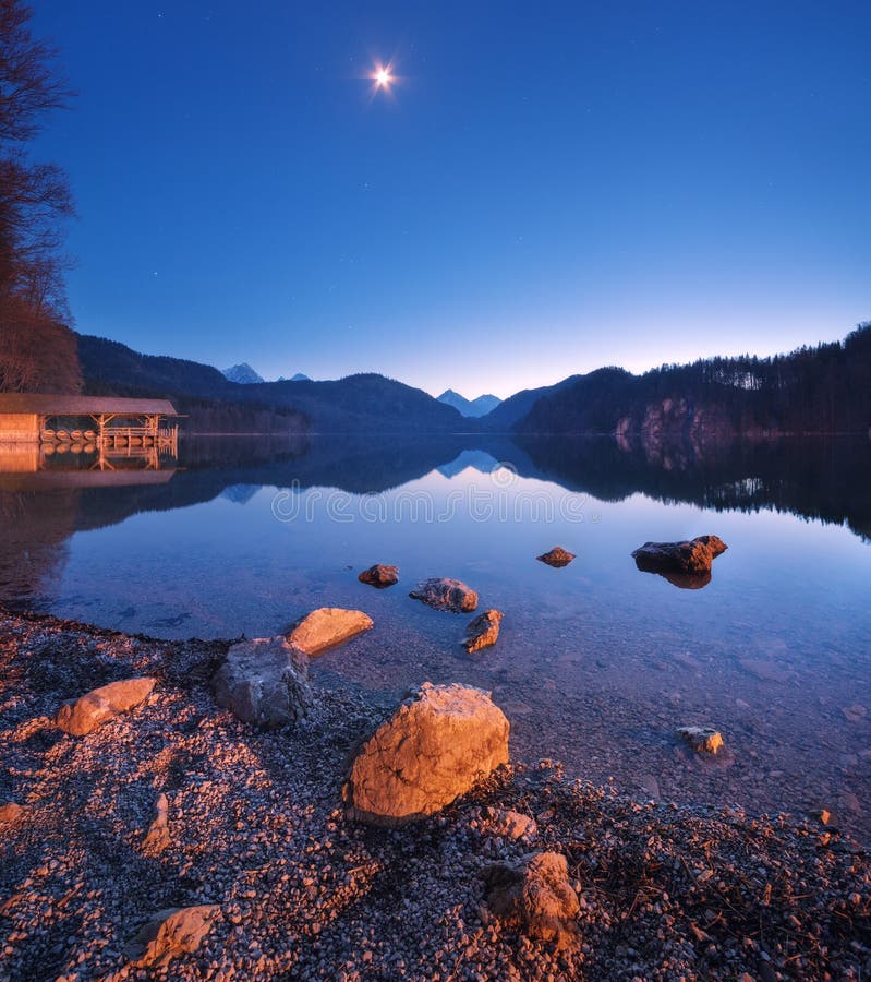 Alpsee lake in Germany at night in spring