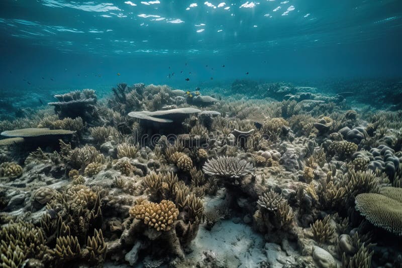Already Dead Coral Reefs Underwater Closeup, Generative AI. Stock