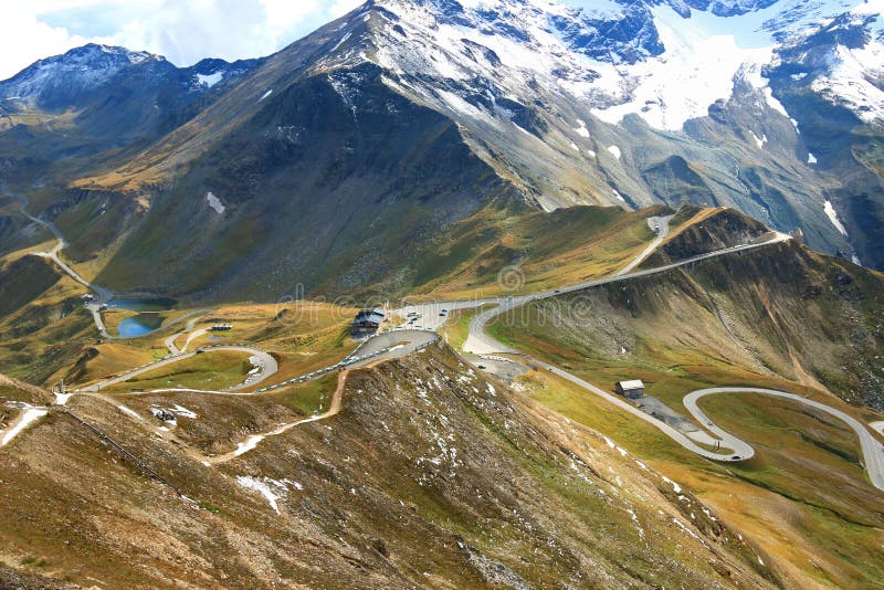 View of the Grossglockner High Alpine Road (Hochalpenstrasse). The windy road with 36 bends that leads to the heart of the Hohe Tauern National Park in Austria. Photo taken from the Edelweiss Peak. Fuscher lacke is also visible in the photo. View of the Grossglockner High Alpine Road (Hochalpenstrasse). The windy road with 36 bends that leads to the heart of the Hohe Tauern National Park in Austria. Photo taken from the Edelweiss Peak. Fuscher lacke is also visible in the photo