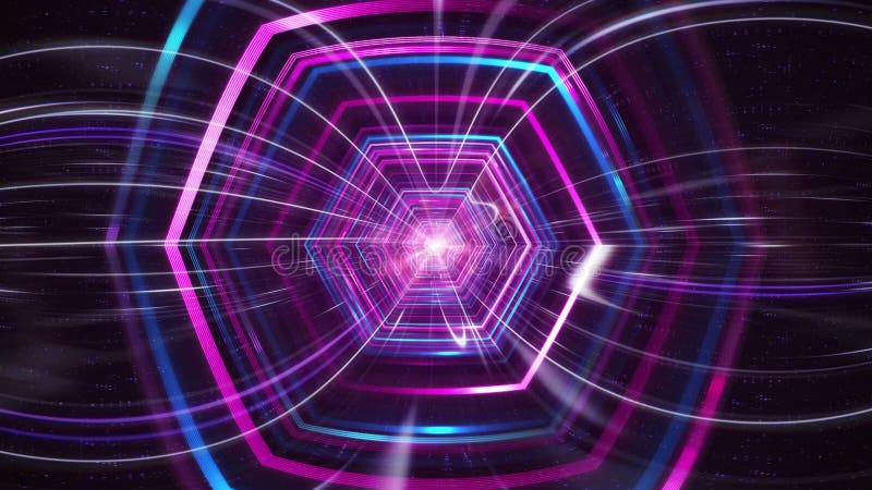 Alta velocidad de las luces hexagrama digital lente de ojo de pez lente neón rayos brillantes en movimiento en los túneles de tecn libre illustration