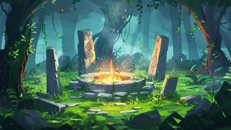 Stone circle altar with fire on pillars in jungle landscape. Modern illustration of green grass, trees, lianas and an old round podium with pagan symbols.. AI generated. Stone circle altar with fire on pillars in jungle landscape. Modern illustration of green grass, trees, lianas and an old round podium with pagan symbols.. AI generated