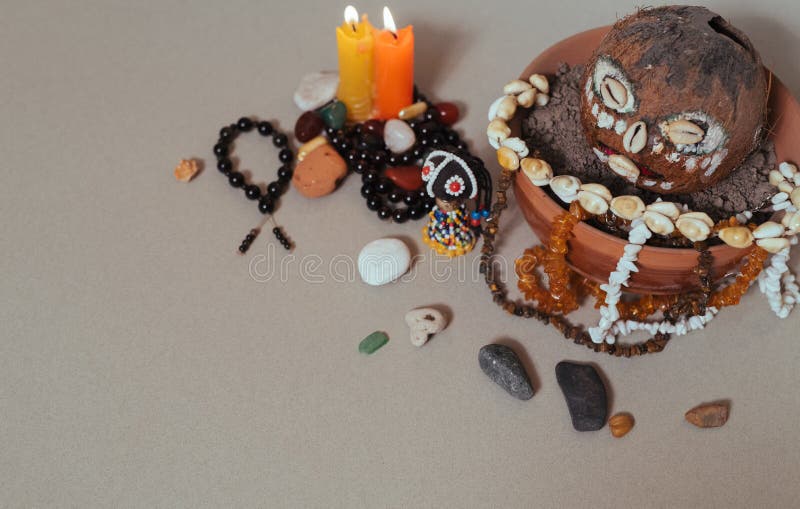Occult altar for African Gods. Shamanism, Voodoo ritual mode. Occult altar for African Gods. Shamanism, Voodoo ritual mode