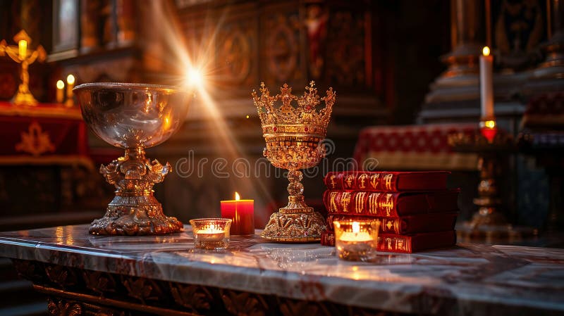 Altare papale con calice di tiara dorata e libro del Vangelo tra due candele accese sotto la luce celeste, che riflettono solennem fotografia stock libera da diritti