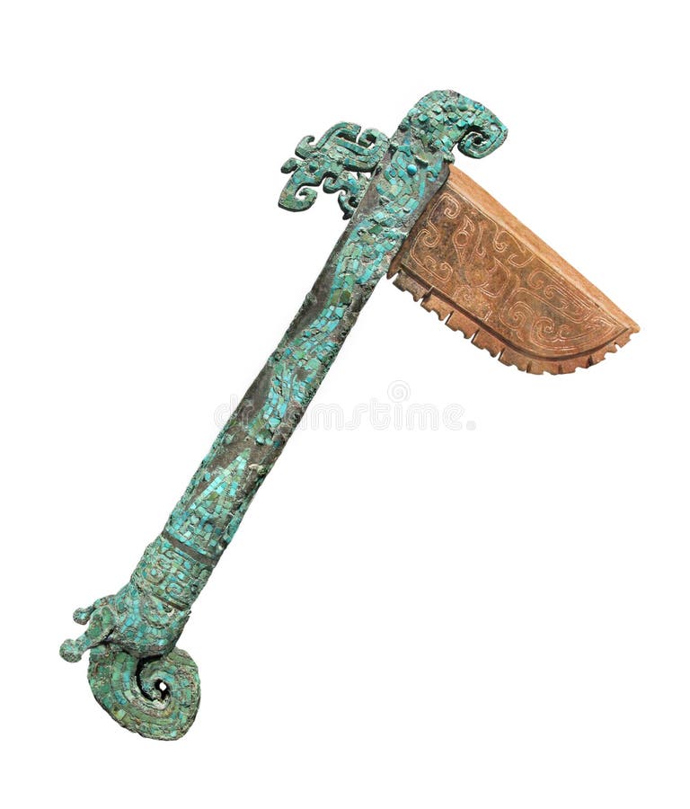 Ancient Chinese ceremonial axe with turquoise inlay on the handle in a dragon motif and an engraved stone head. From the Neolithic period. Isolated on white. Ancient Chinese ceremonial axe with turquoise inlay on the handle in a dragon motif and an engraved stone head. From the Neolithic period. Isolated on white.