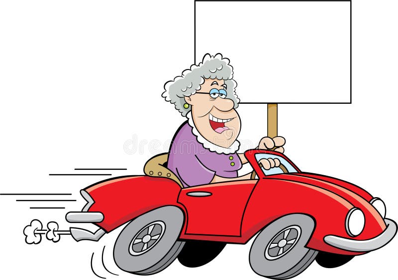 Alte Dame der Karikatur, die ein Sportauto fährt und ein Zeichen hält