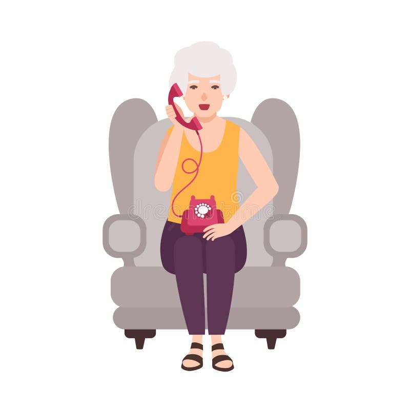 Alte Dame, ältere Frau oder Oma, die im gemütlichen Lehnsessel sitzen und am Telefon sprechen Porträt der Großmutter zu Hause