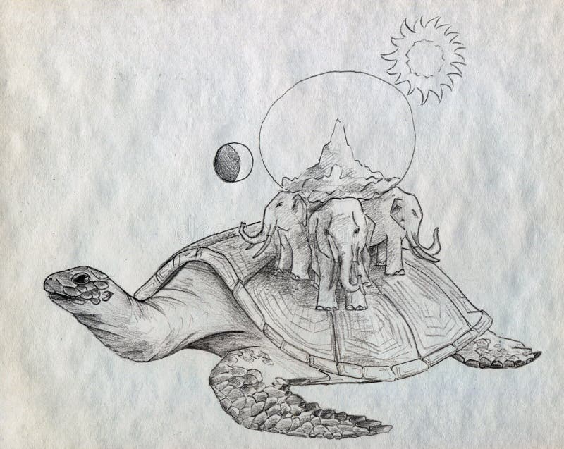 Alte Erde auf der Schildkröte und drei Elefanten lizenzfreie abbildung Alte Erde auf der Schildkröte und drei Elefanten lizenzfreie abbildung