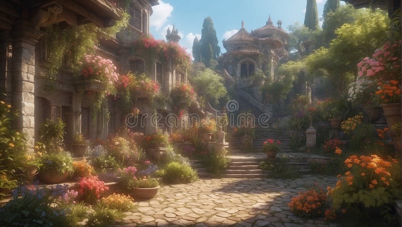 an old European city with cobblestones and stone houses covered with green plants and flowers. an old European city with cobblestones and stone houses covered with green plants and flowers