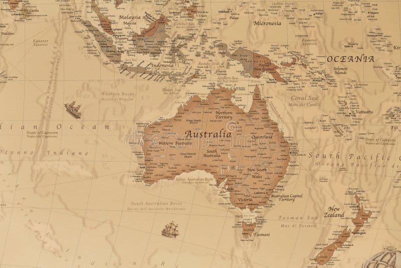 Ancient geographic map of Oceania with names of the countries. Ancient geographic map of Oceania with names of the countries