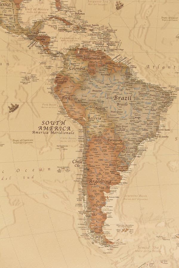 Ancient geographic map of south America with names of the countries. Ancient geographic map of south America with names of the countries