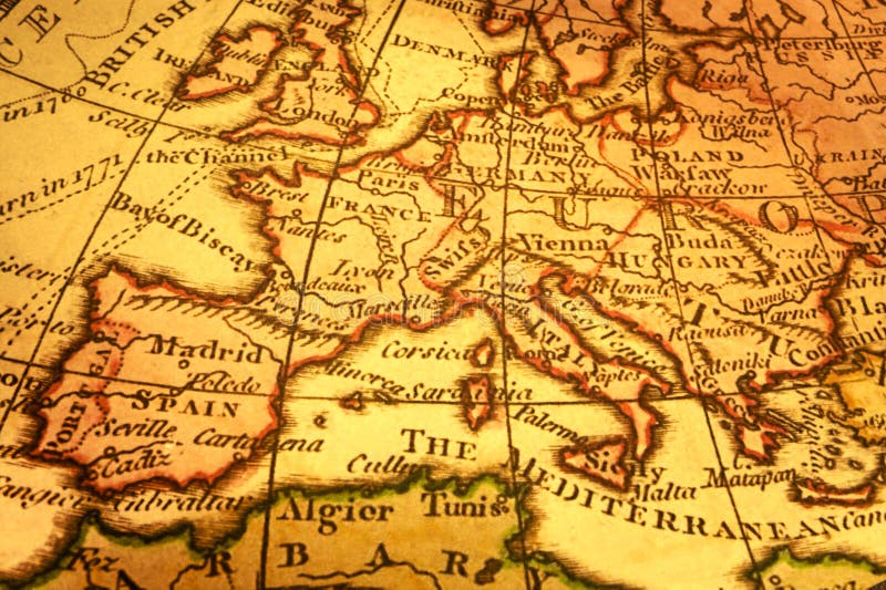Alte Karte Von Europa Und Mittelmeer Stockbild Bild Von Europa Orange