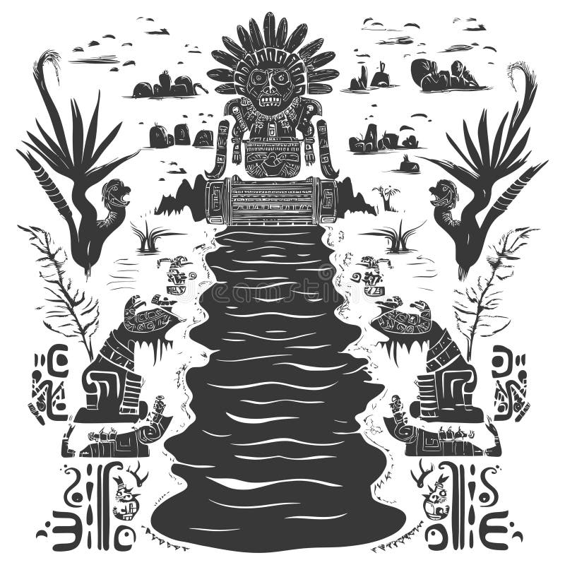 Alte Maya Fluss Gottskulptur Mystische Schwarz-Weiß Illustration stock abbildung