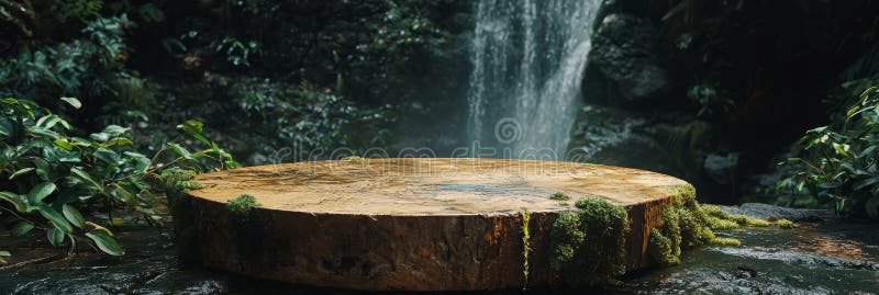Alte MossCovered Stone Platform by a Cascading Waterfall in a MistShrouded Tropical Rainforest. Generative AI