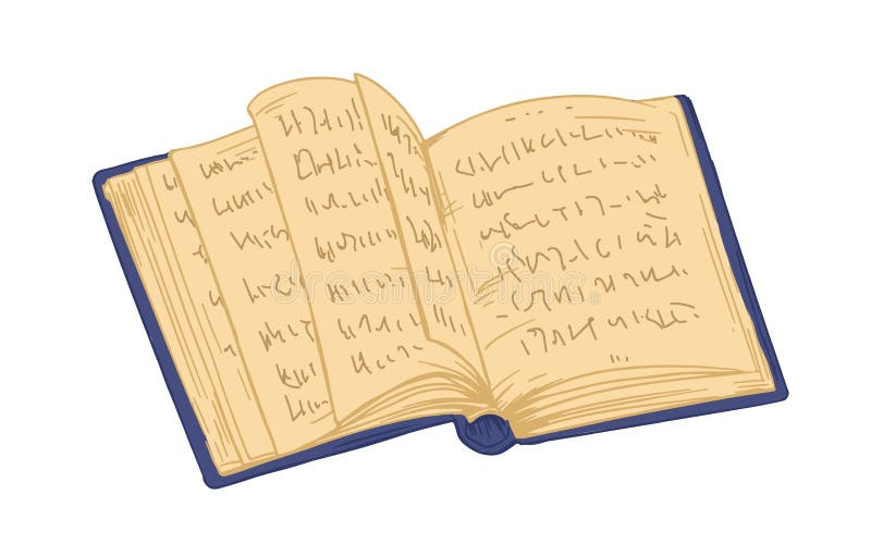 Alte offenes Buch mit alten Seiten. antikes starkes historisches Lehrbuch mit gebundenem Buch. handdrawn farbiger Vektor stock abbildung