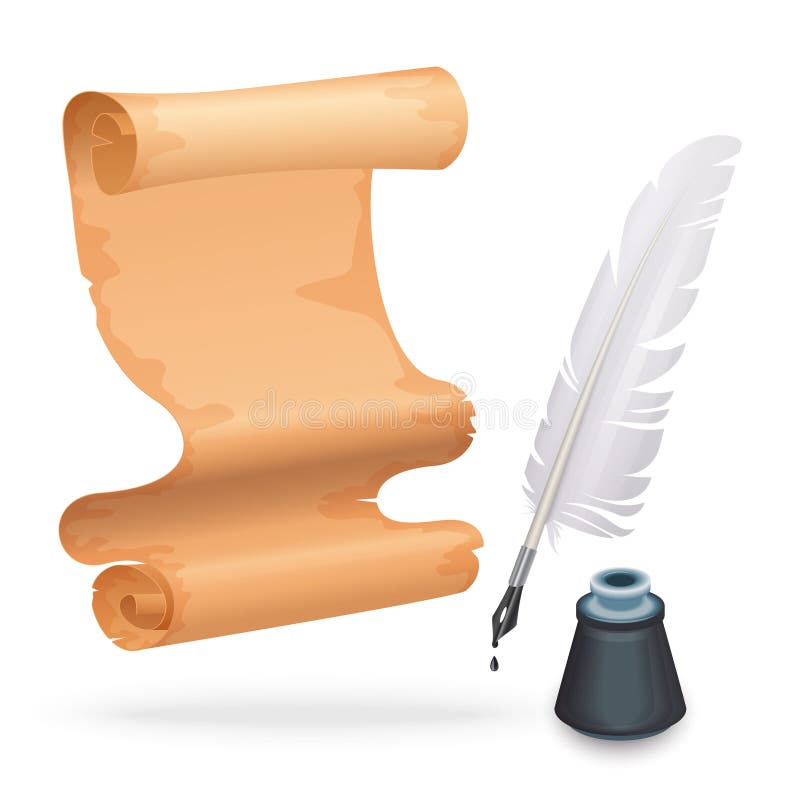 Alte Papierrolle mit Federstift und Tintenflasche, 3D isolierte Tablette und Pergament lizenzfreie abbildung