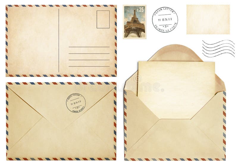 Old postcard, mail envelope, open letter, stamp collection isolated on white. Old postcard, mail envelope, open letter, stamp collection isolated on white