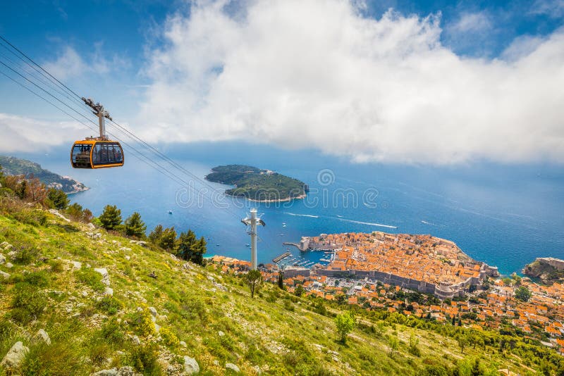 Aerial panoramic view of the old town of Dubrovnik with famous Cable Car on Srd mountain on a sunny day with blue sky and clouds in summer, Dalmatia, Croatia. Aerial panoramic view of the old town of Dubrovnik with famous Cable Car on Srd mountain on a sunny day with blue sky and clouds in summer, Dalmatia, Croatia