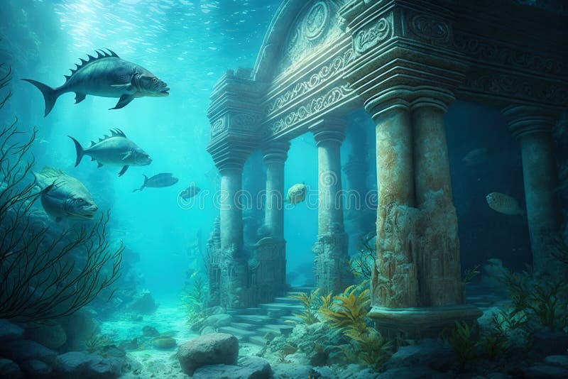 Alte Tempelruinen unter Wasser alte Stadt auf dem Meeresgrund generative ai stock abbildung