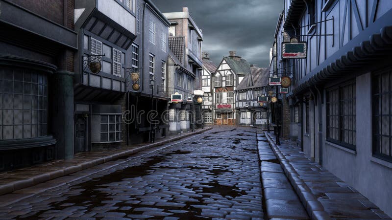 Old Victorian street with cobblestones in a town or city under grey cloudy sky. 3D rendering. Old Victorian street with cobblestones in a town or city under grey cloudy sky. 3D rendering