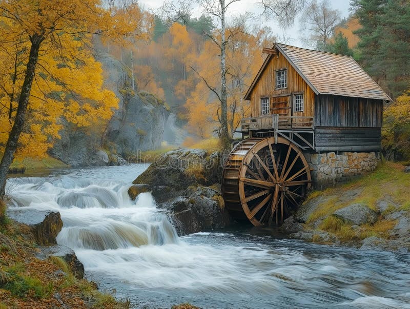 Alte Wassermühle Herbstwald Landschaft Malerei rustikale Szene malerische Aussicht stock abbildung