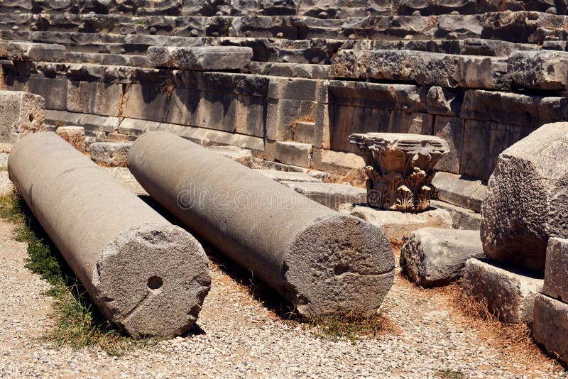 Ruined pillars in ancient amphitheatre of Lycian town of Myra - later known as Demre (Antalya Province, Mediterranean coast of Turkey). Ruined pillars in ancient amphitheatre of Lycian town of Myra - later known as Demre (Antalya Province, Mediterranean coast of Turkey)