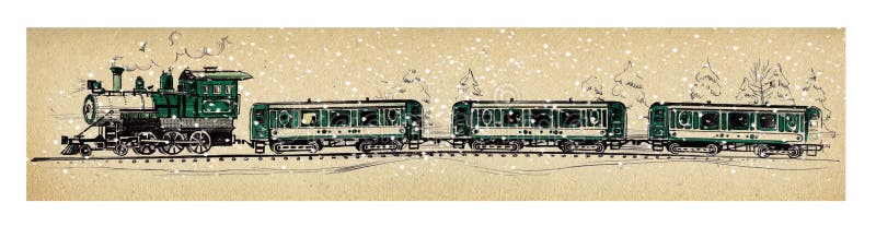 Alter grüner Dampfzug und drei Autos unter fallendem Schnee in einem schneebedeckten Wald, der einen Kugelschreiber und einen Fil vektor abbildung Alter grüner Dampfzug und drei Autos unter fallendem Schnee in einem schneebedeckten Wald, der einen Kugelschreiber und einen Fil vektor abbildung