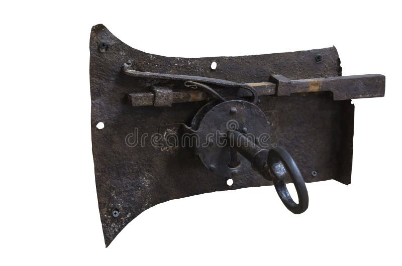Alter rostiger großer Eisenverschluß mit einem einzigartigen Entwurfsschlüssel auf einem weißen Hintergrund lizenzfreies stockbild Alter rostiger großer Eisenverschluß mit einem einzigartigen Entwurfsschlüssel auf einem weißen Hintergrund lizenzfreies stockbild