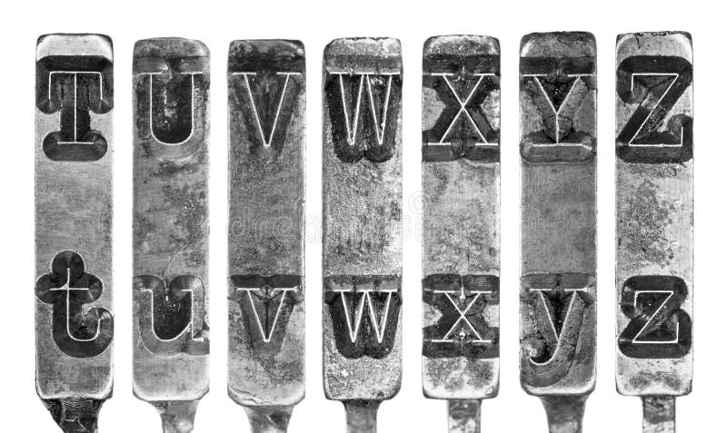 Alter Schreibmaschine Typebar beschriftet T bis Z lokalisiert auf Weiß
