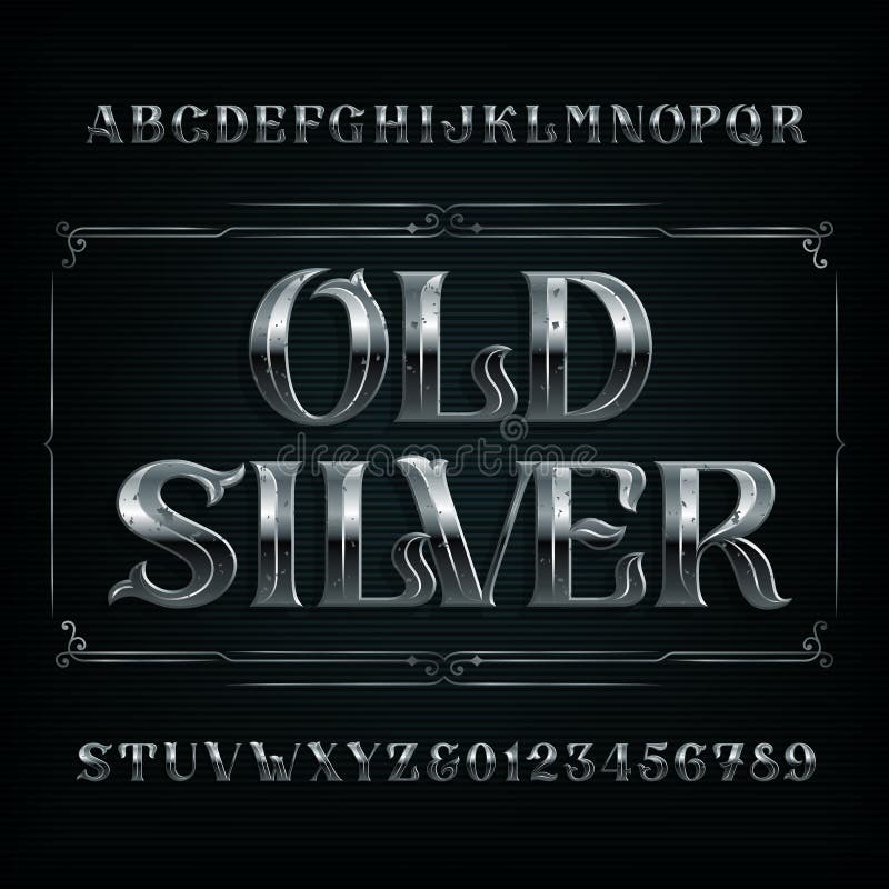 Old Silver alphabet font. Vintage metal letters and numbers. Stock vector typescript for your design. Old Silver alphabet font. Vintage metal letters and numbers. Stock vector typescript for your design.